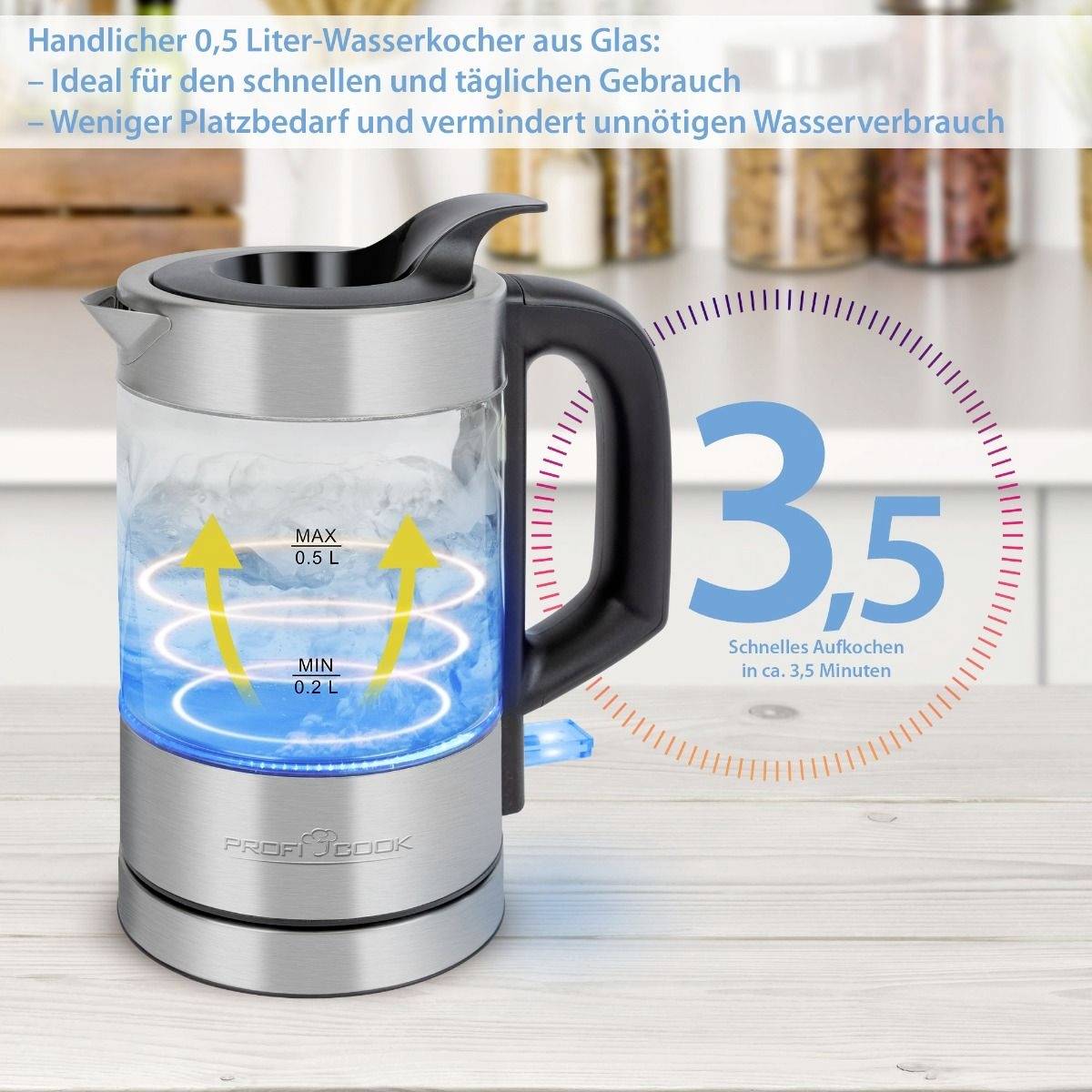 Un bollitore in vetro da 0,5 litri; ideale per un uso rapido; bolle in 3,5 minuti; mostra il livello dell'acqua e occupa poco spazio.