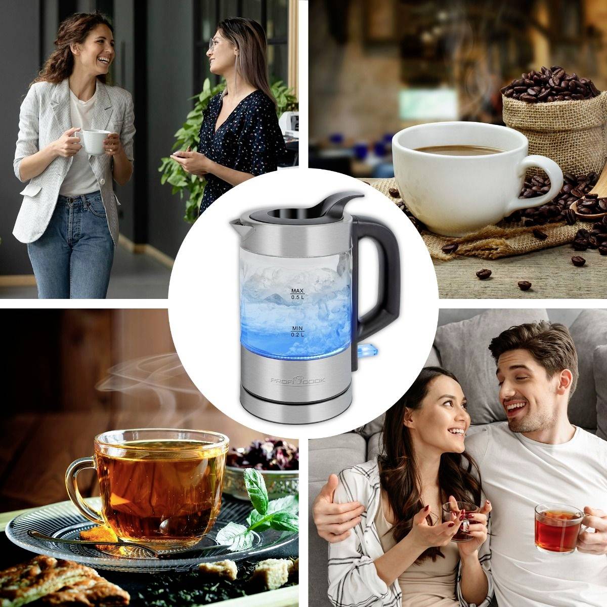 Un uomo e una donna bevono tè e caffè in un'atmosfera rilassata. Un bollitore elettrico è raffigurato.