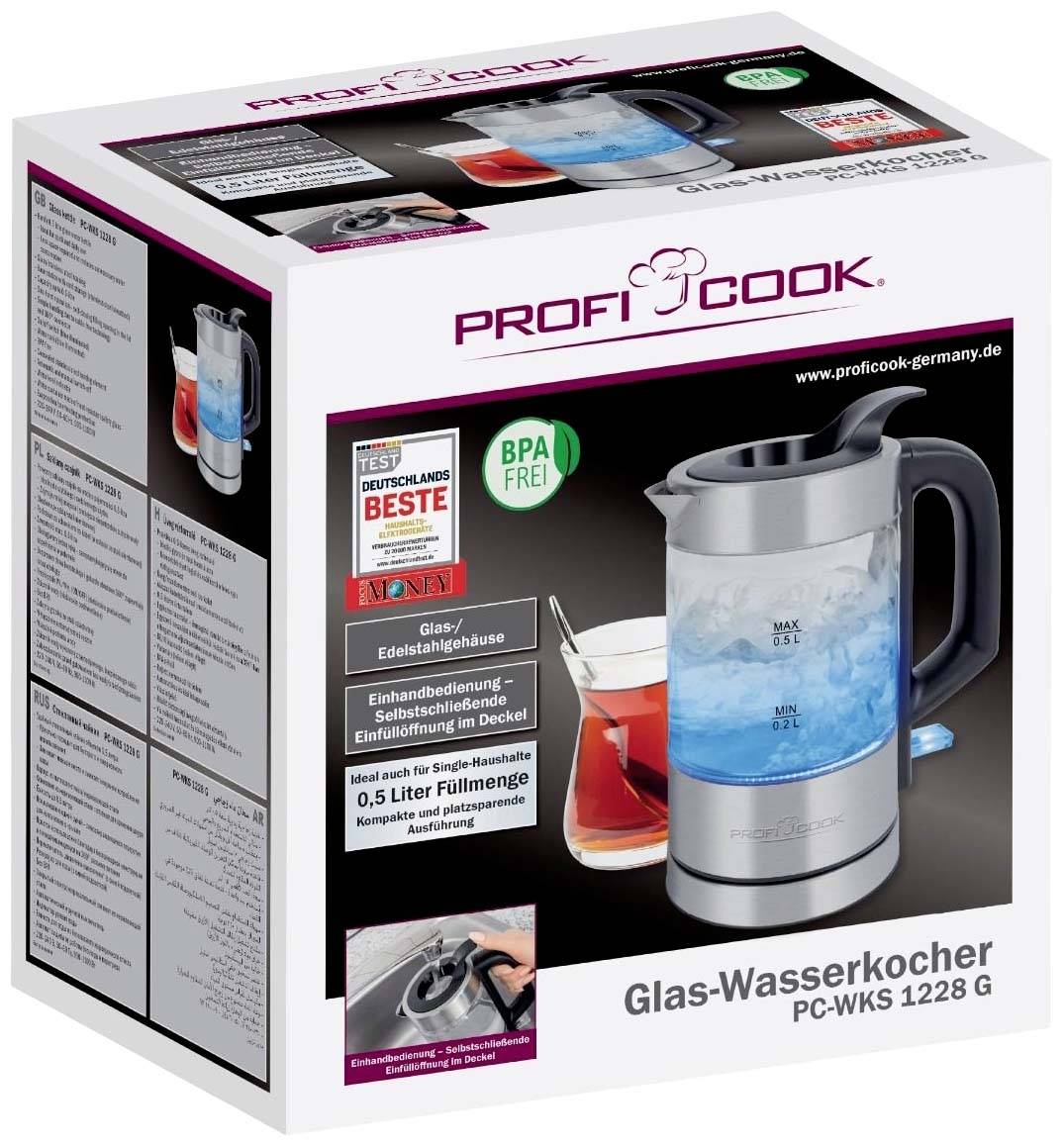 'Profi Cook Glas-Wasserkocher PC-WKS 1228 G' nella confezione. Caraffa in vetro, elemento riscaldante in acciaio inox, privo di BPA. Design user-friendly.