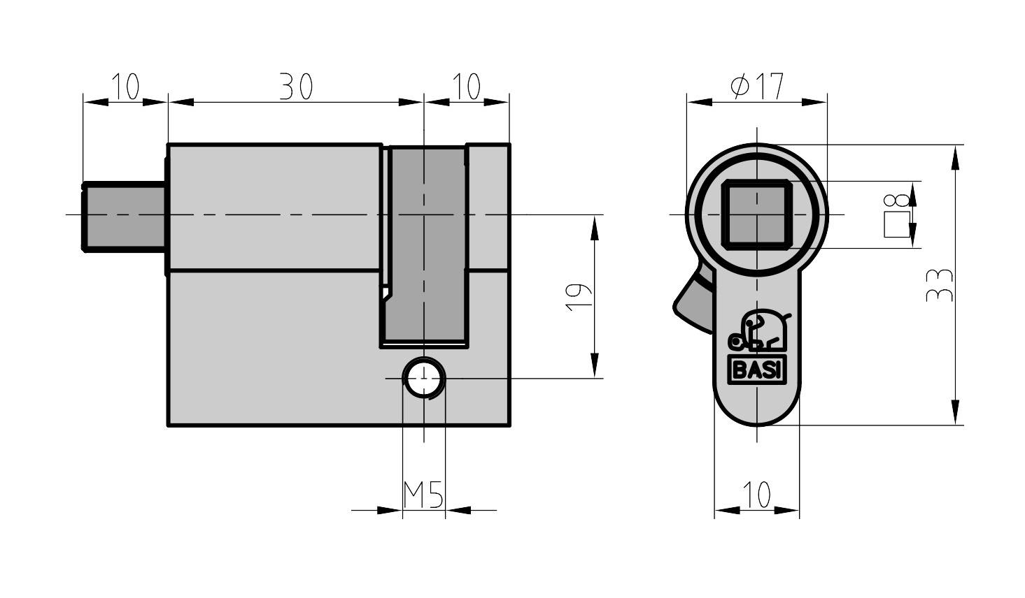 Disegno tecnico di un cilindro di chiusura con misure dettagliate: larghezza 30 mm, altezza 19 mm, diametro 17 mm.