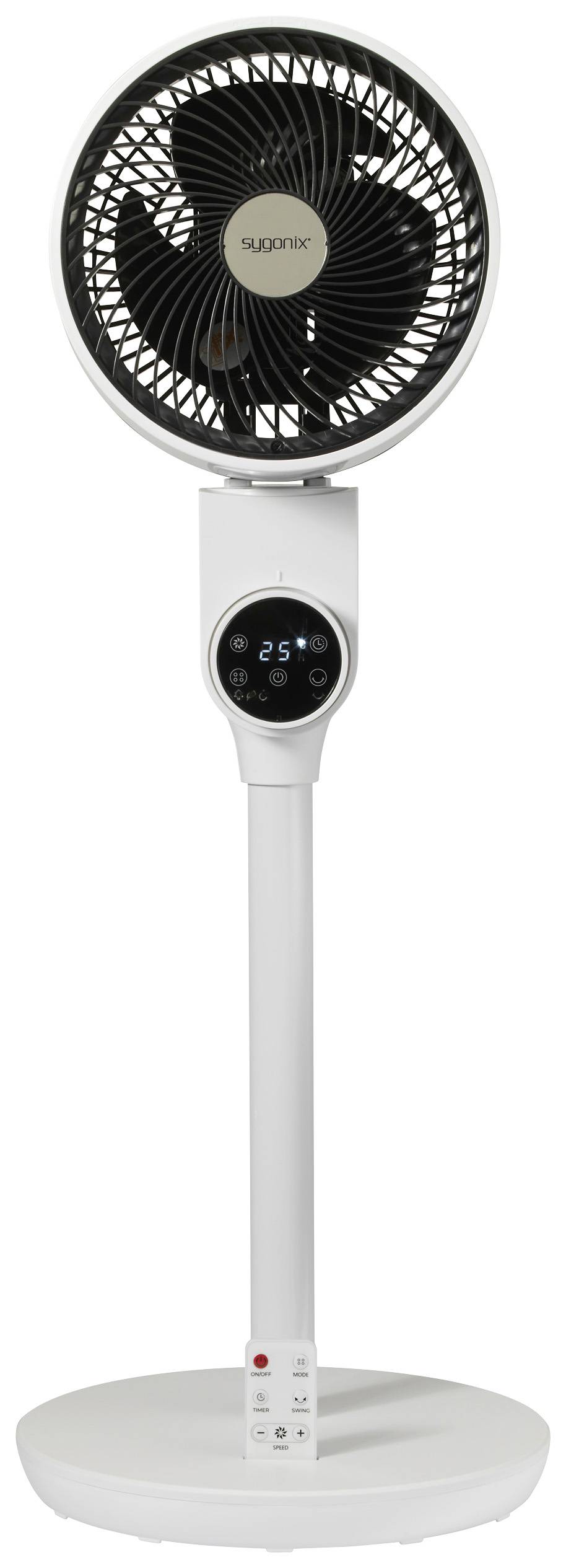 Un ventilatore a colonna bianco con supporto regolabile in altezza e display digitale che mostra una temperatura di 25 gradi Celsius.