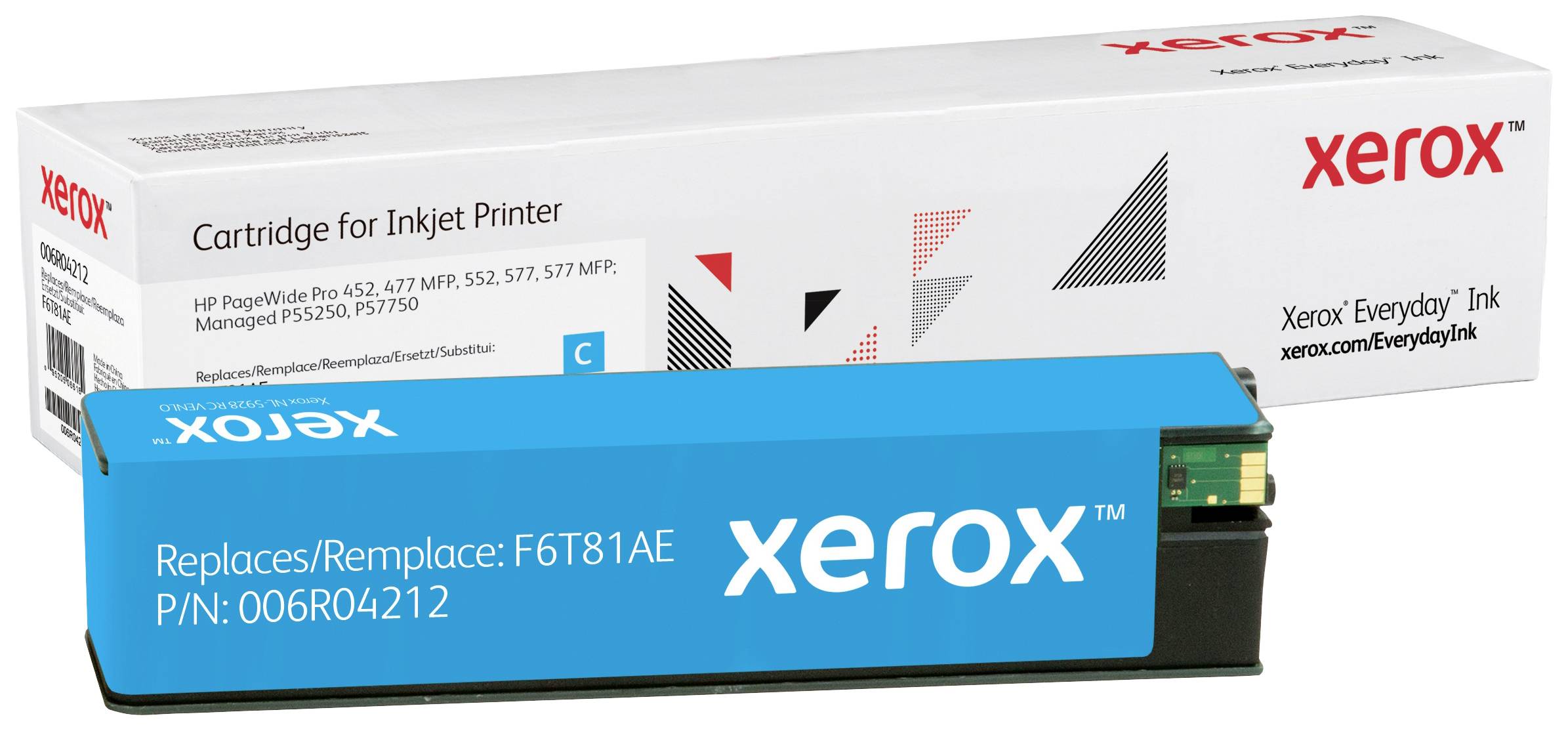 Cartuccia di inchiostro Xerox, Ciano, che sostituisce il modello F6T81AE. La confezione sullo sfondo mostra il marchio e la compatibilità del modello.