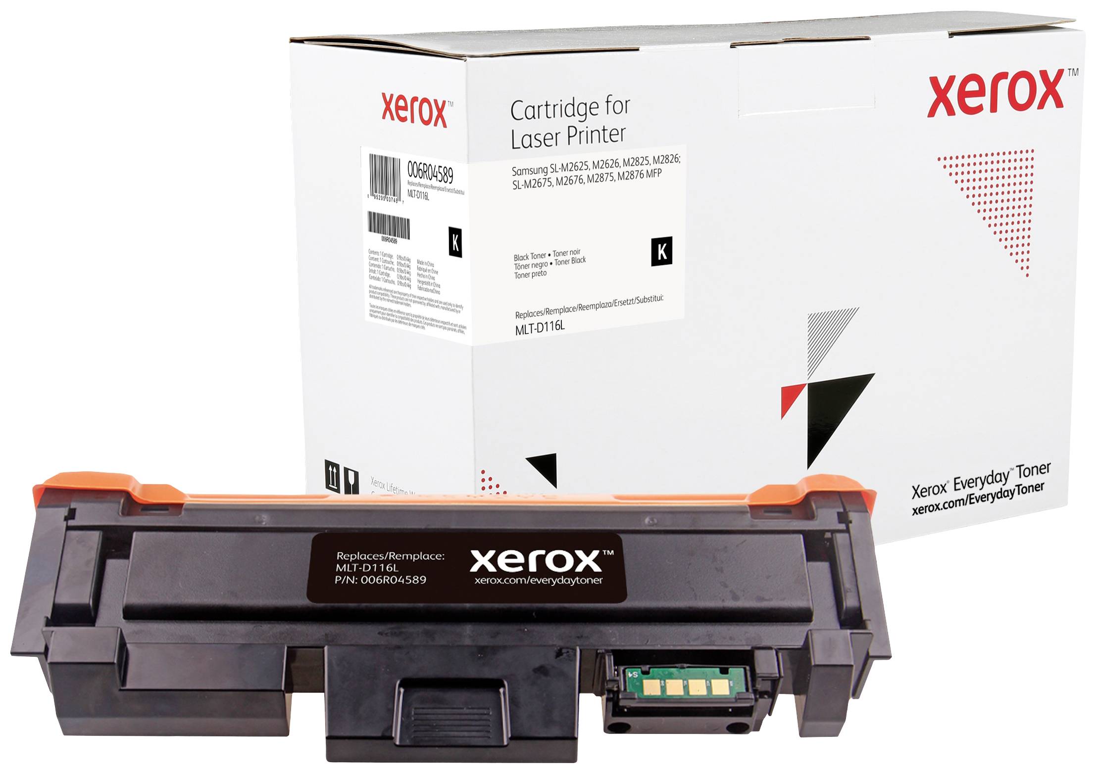Cartuccia del toner nero per stampante laser Xerox, compatibile con modelli Samsung. Nome e dettagli del prodotto visibili sull'etichetta.