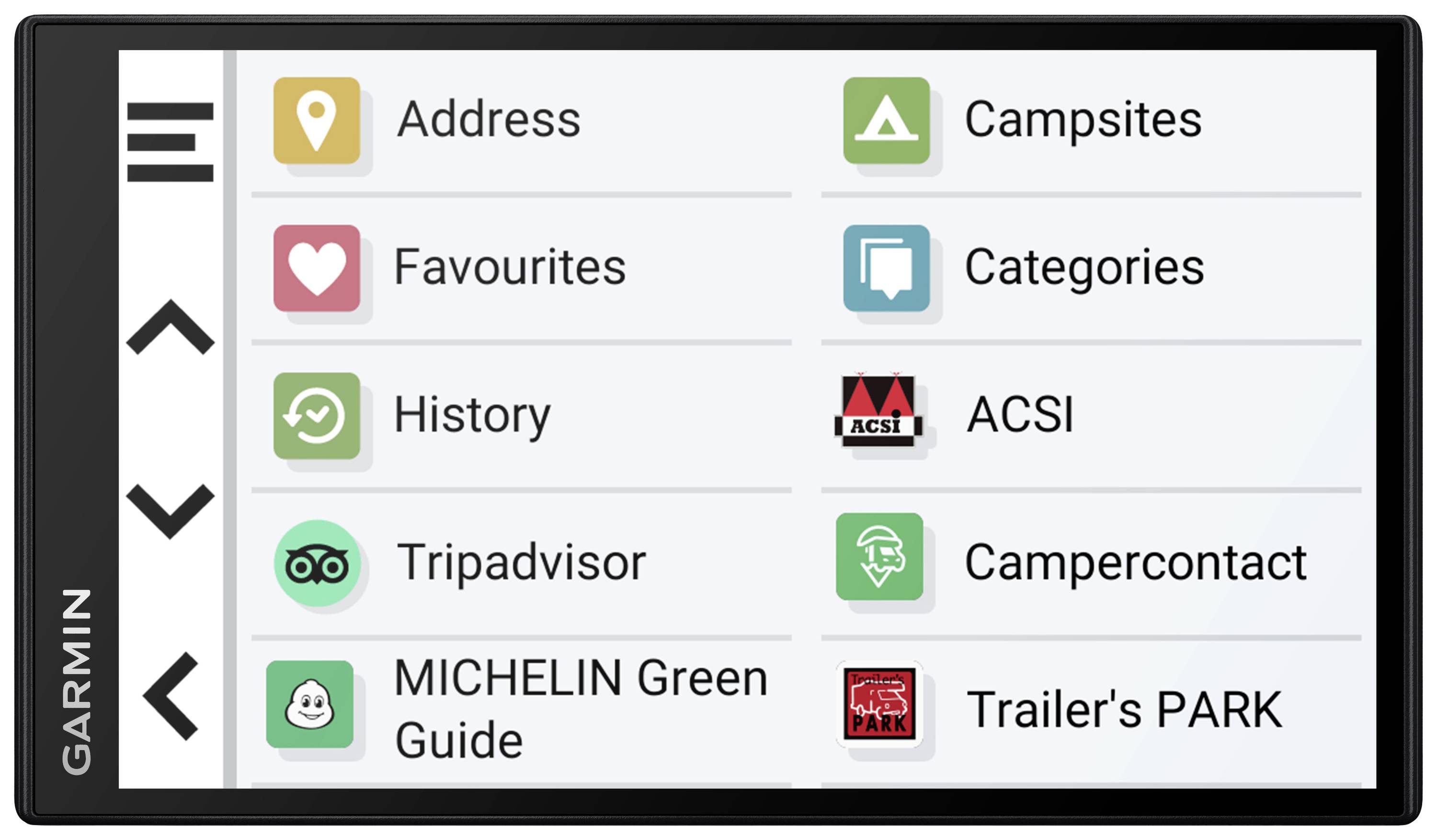 'Schermo del dispositivo di navigazione Garmin con simboli per indirizzo, preferiti, cronologia, Tripadvisor, Michelin Green Guide e altro ancora.'