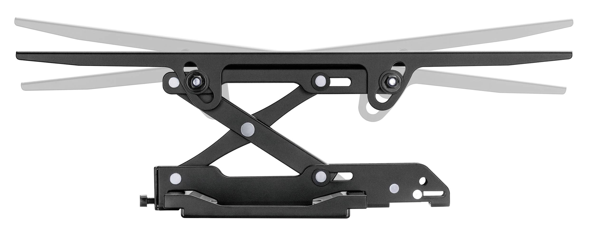 Meccanismo di regolazione dell'altezza di un tavolo, che mostra diverse posizioni dei bracci metallici regolabili.