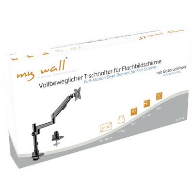 Confezione di un supporto da tavolo completamente articolato per schermi piatti con molla a gas, regolabile da 43 a 81 cm.