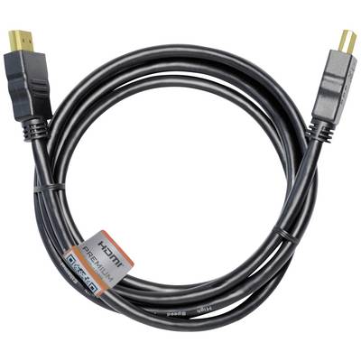 Cavo HDMI nero con etichetta Premium e connettori dorati, arrotolato. Adatto per connessioni video e audio ad alta risoluzione.