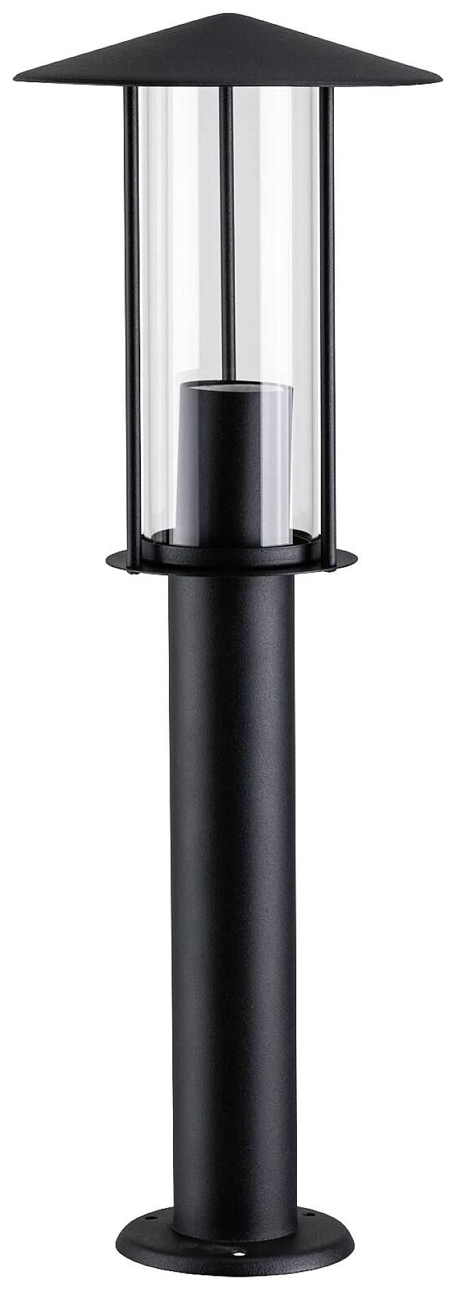 Lampada da esterno moderna nera con cilindro in vetro trasparente e tetto conico, adatta per l'illuminazione di giardini o sentieri.