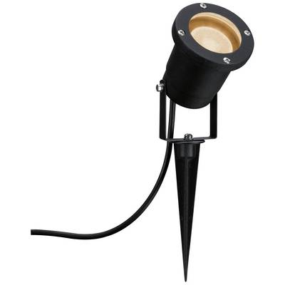Lampada da giardino nera con picchetto di terra e cavo, per l'illuminazione di aree esterne, leggermente inclinata di lato.