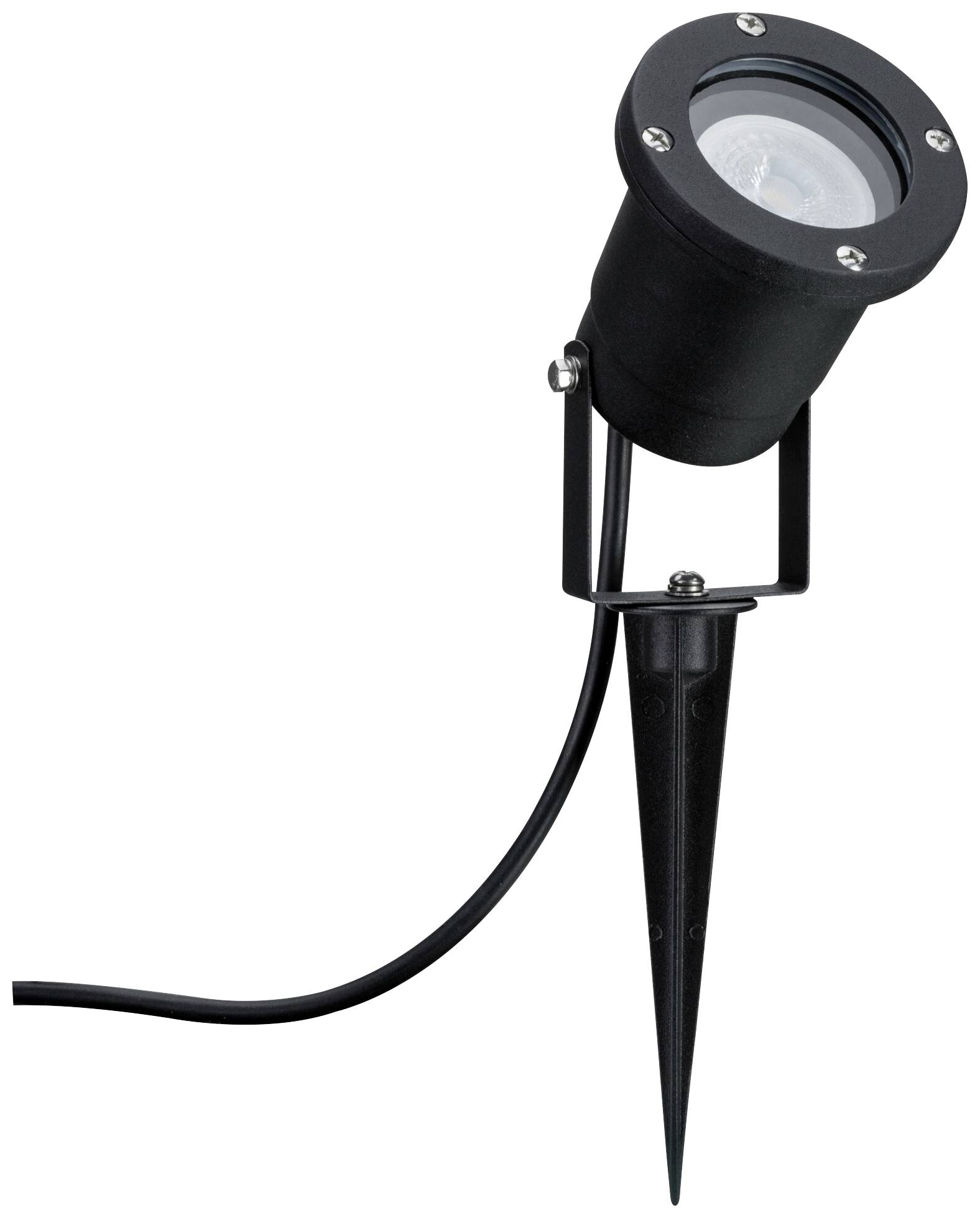 Proiettore esterno nero con picchetto di terra, ideale per l'illuminazione del giardino. Design robusto, resistente alle intemperie, con testa della lampada rotonda e cavo.