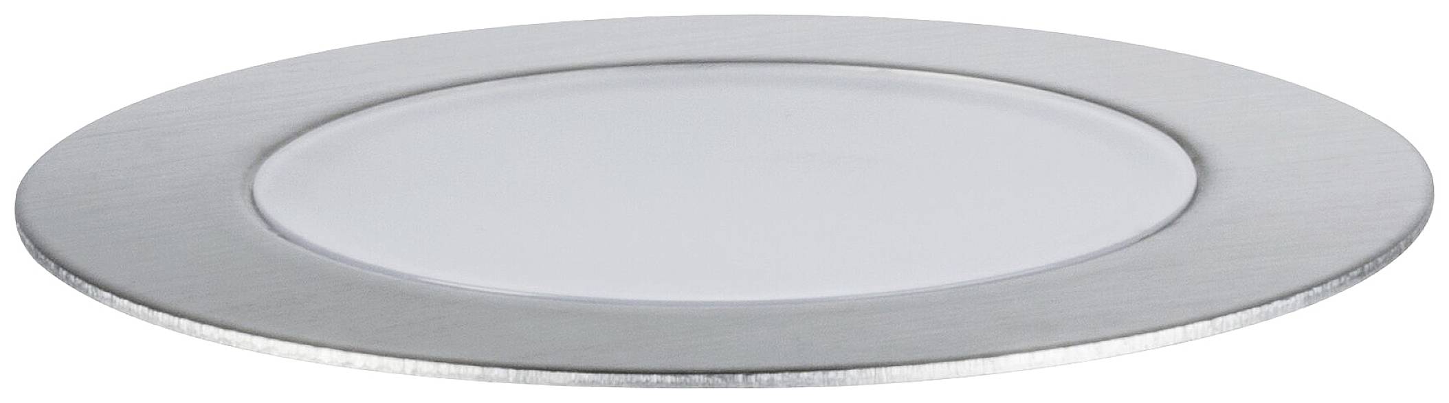 Un faretto LED da soffitto rotondo e piatto con cornice in metallo spazzolato e superficie luminosa bianca.