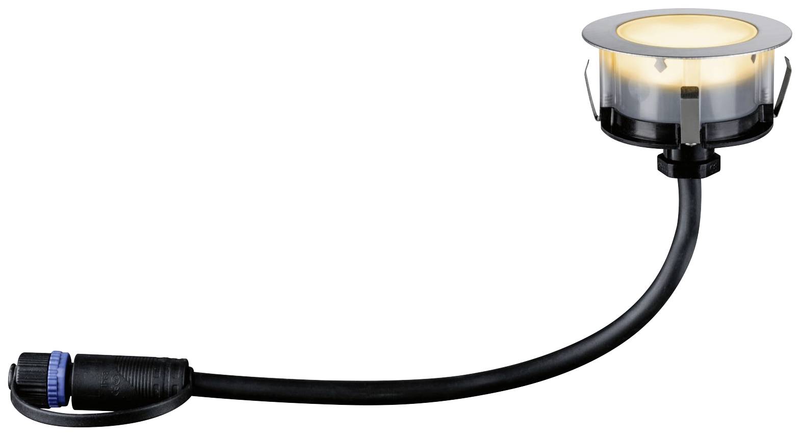 Lampada da terra rotonda con cavo nero. La lampada ha una copertura trasparente e illumina con luce bianca calda. Ideale per l'illuminazione del giardino.