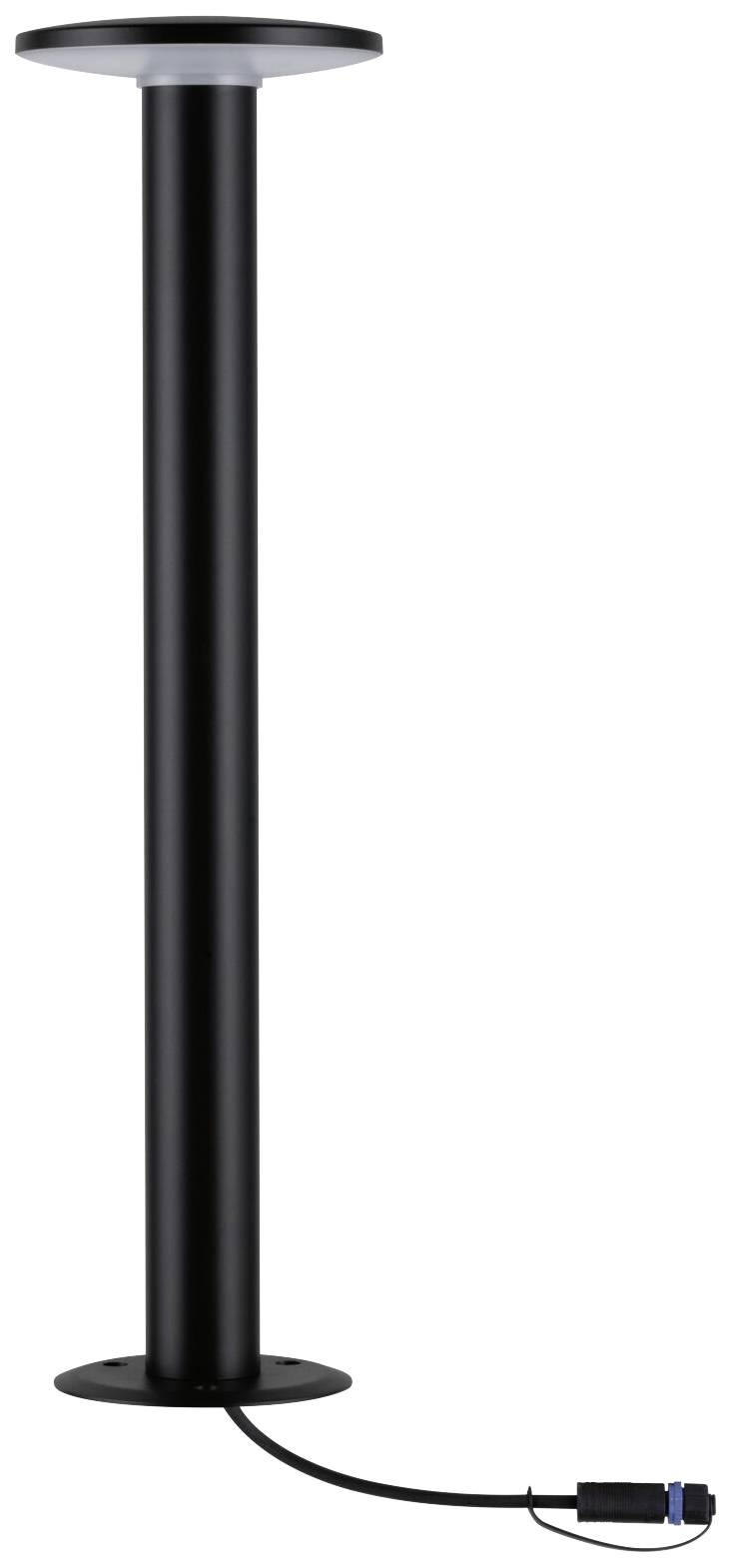 Lampada da terra nera con base cilindrica e paralume rotondo. Cavo con spina alla base. Design minimalista.