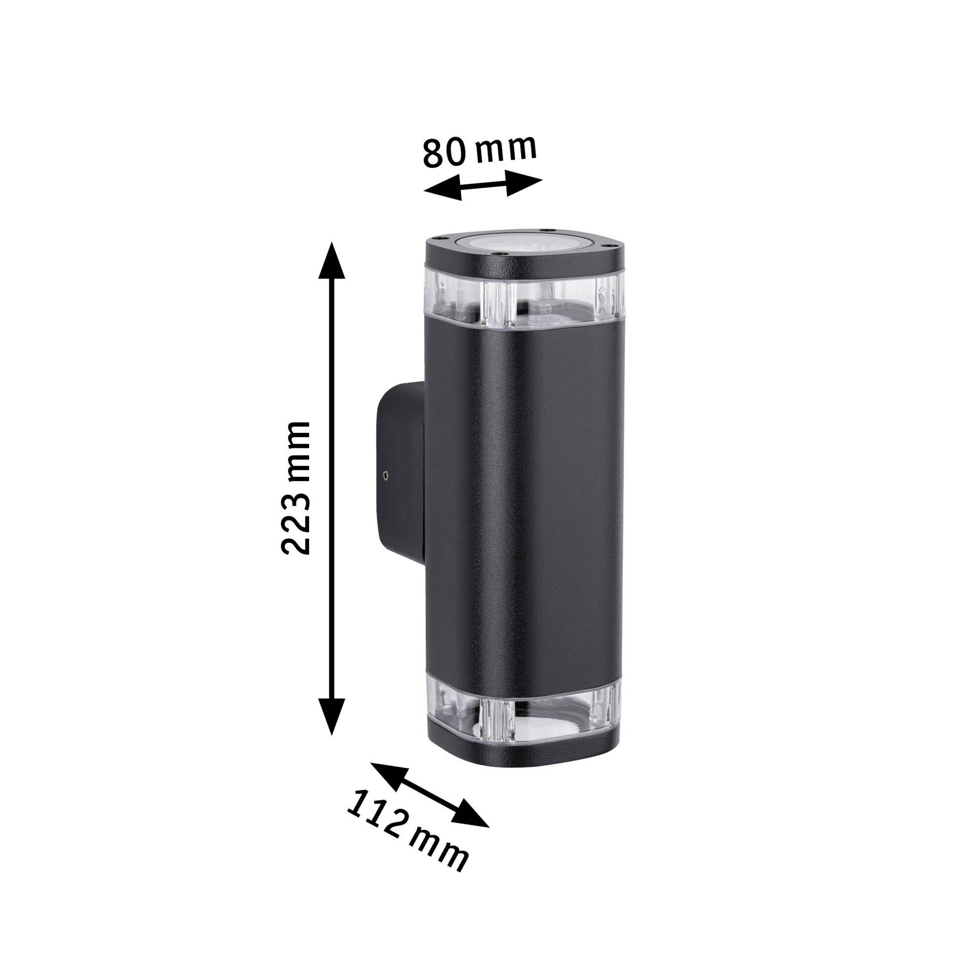 Lampada esterna cilindrica nera con due aperture luminose superiore e inferiore; dimensioni: altezza 223 mm, diametro 80 mm, profondità 112 mm.