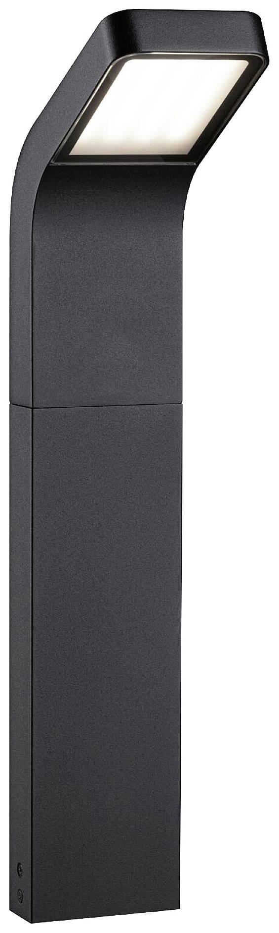 Lampada da terra nera moderna con elemento luminoso rettangolare. Si estende verticalmente verso l'alto e presenta un design semplice ed elegante.