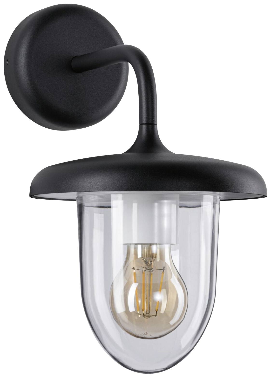 Applique da parete nera con cupola in vetro trasparente e filamento della lampadina visibile, adatta per l'illuminazione di ambienti moderni.