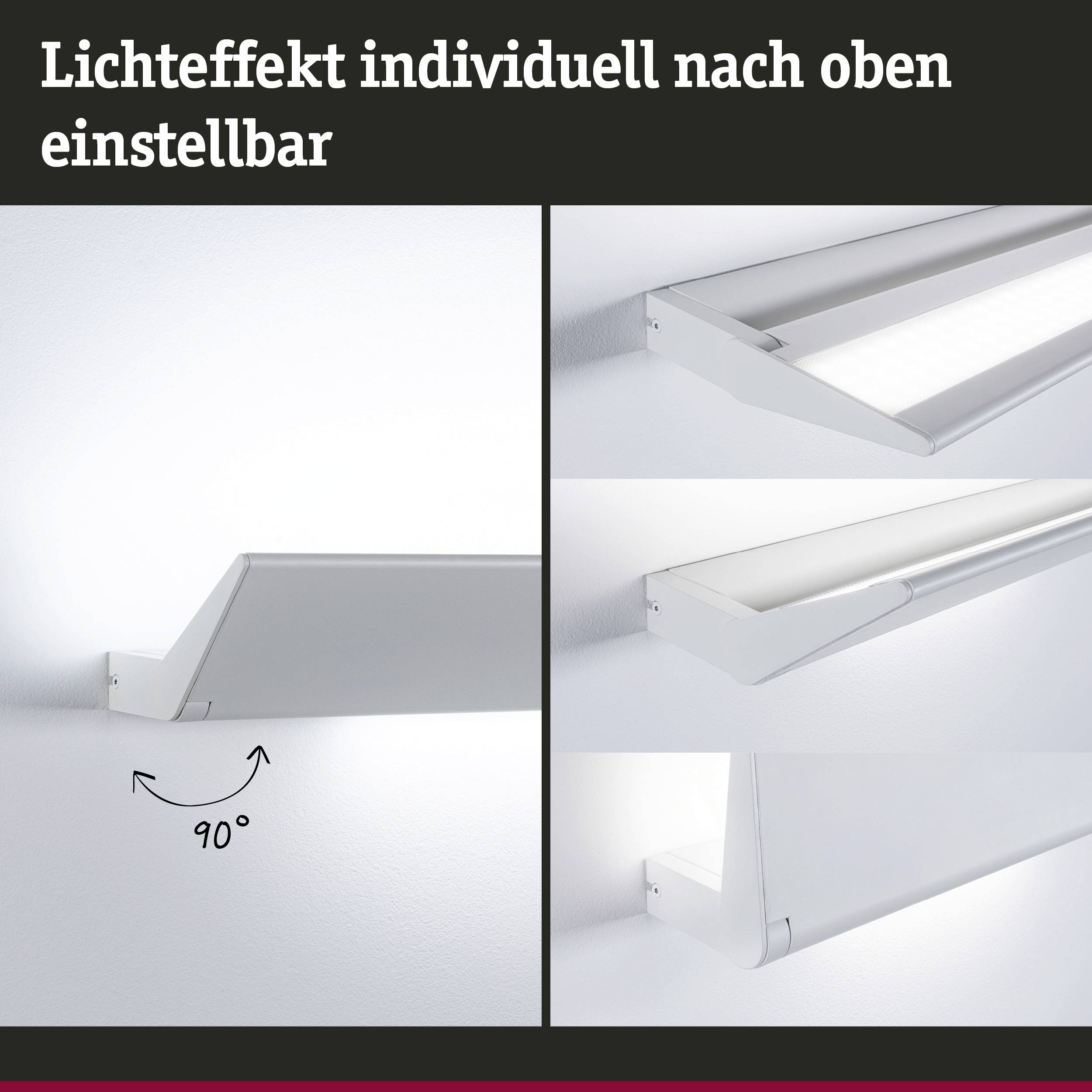 'Lampada con angolo di illuminazione regolabile, mostra diverse impostazioni del fascio luminoso in più immagini. Testo: Effetto luce individualmente regolabile verso l'alto.'