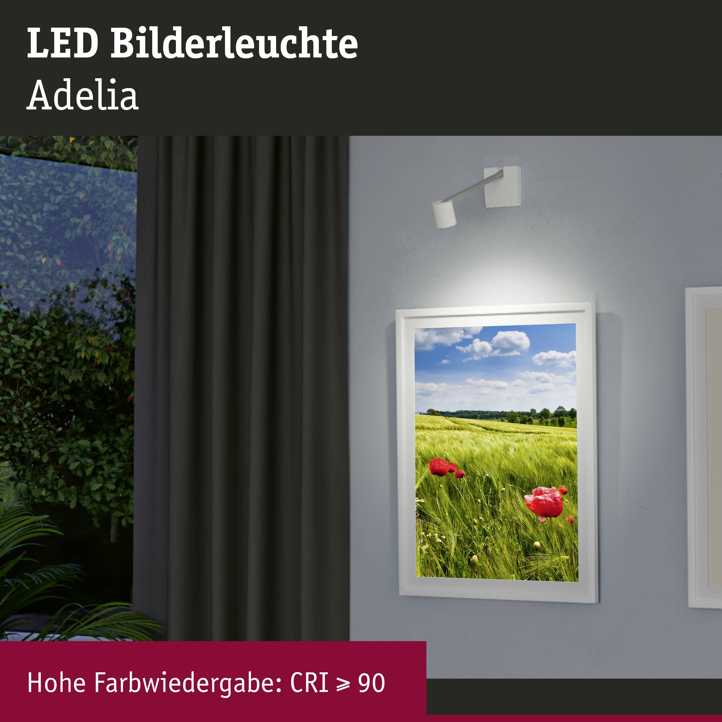 Lampada LED per quadri Adelia mostra un dipinto paesaggistico illuminato con un primo piano di fiori rossi. Testo: Alta resa cromatica: CRI ≥ 90.