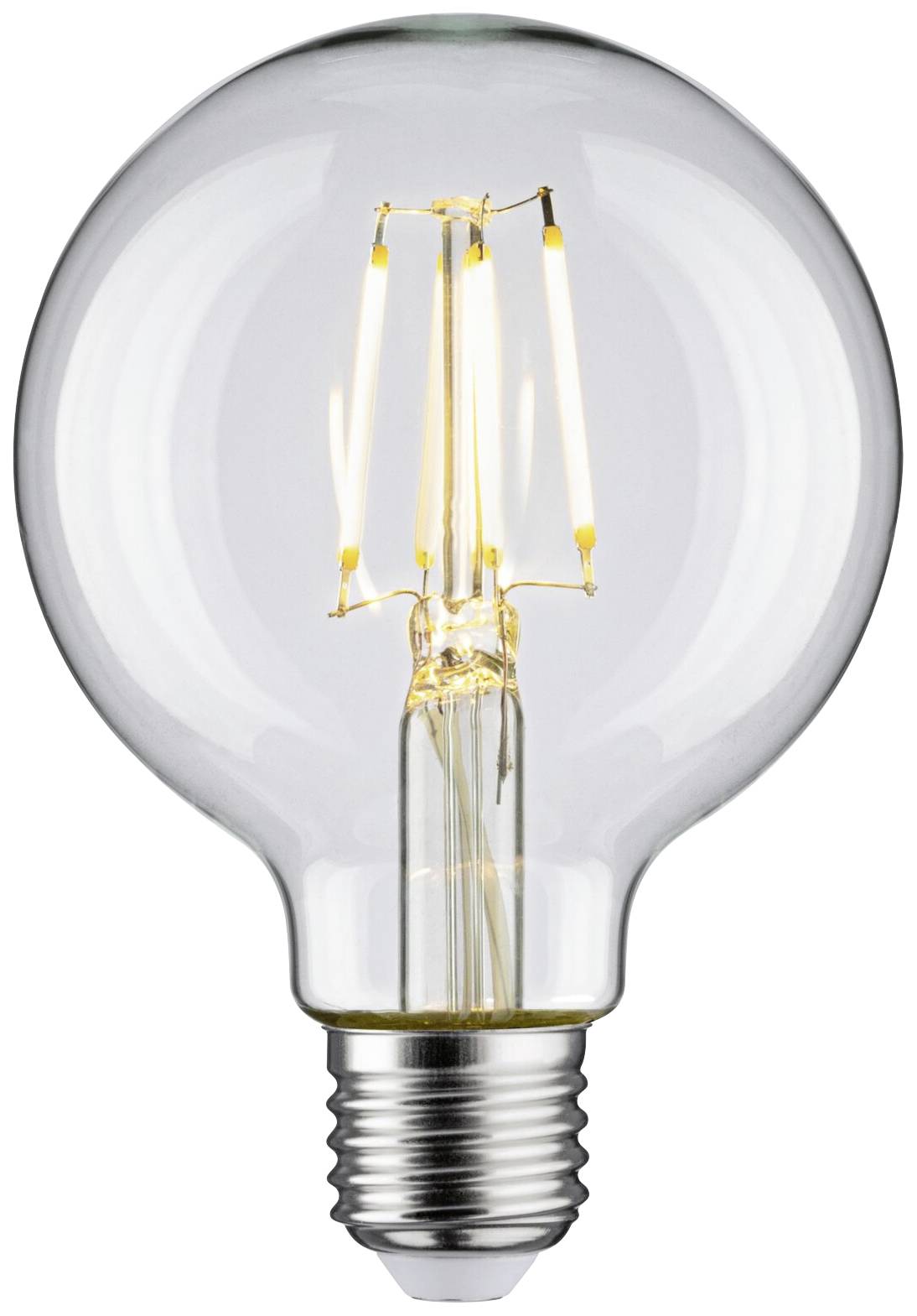 Una lampadina trasparente con filamenti visibili si illumina. Simboleggia idee o efficienza energetica.