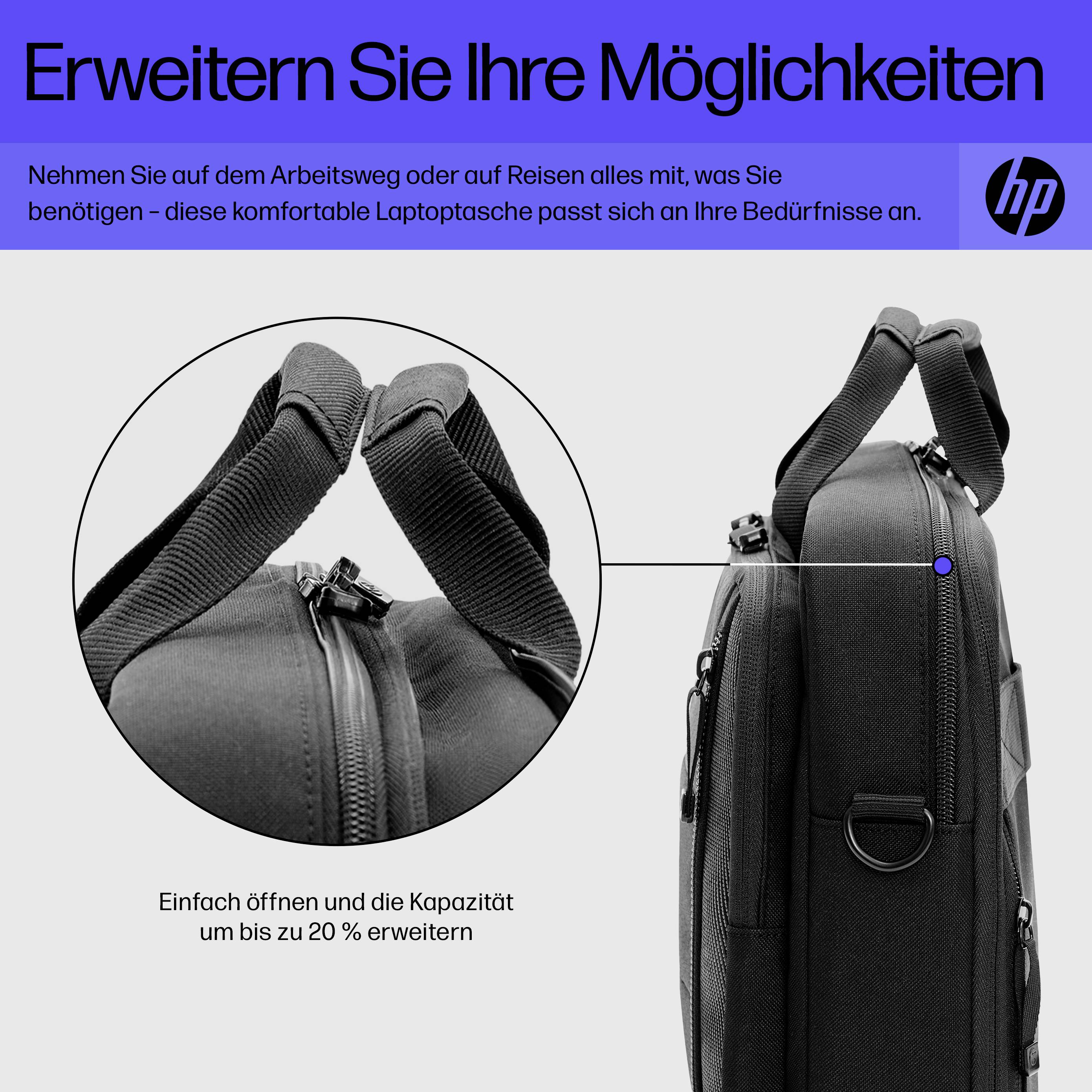 Collage con testo 'Ampliare le proprie possibilità' e primo piano di uno zaino per laptop con scomparto espandibile e logo HP.