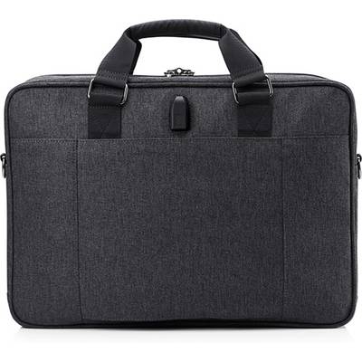 Una borsa nera per laptop con due manici e cerniera, dal design essenziale, adatta al trasporto di dispositivi elettronici.