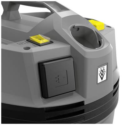 Aspirapolvere per officina grigio-nero con pulsanti gialli, manico di trasporto e presa elettrica sulla parte superiore.