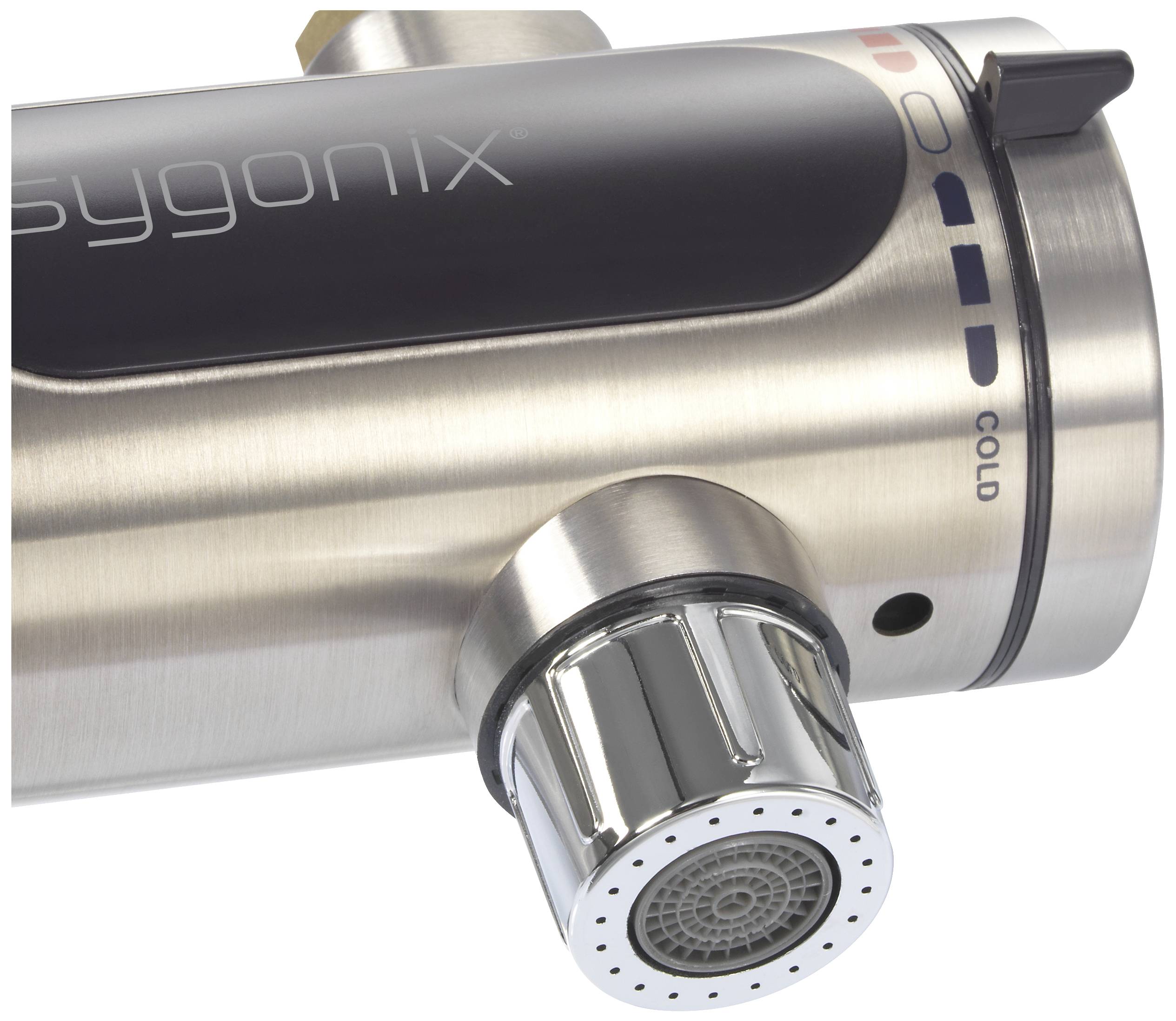 Un rubinetto in acciaio con indicatore di temperatura. In alto è scritto 'sygonix'. A destra ci sono marcature per l'acqua calda e fredda.