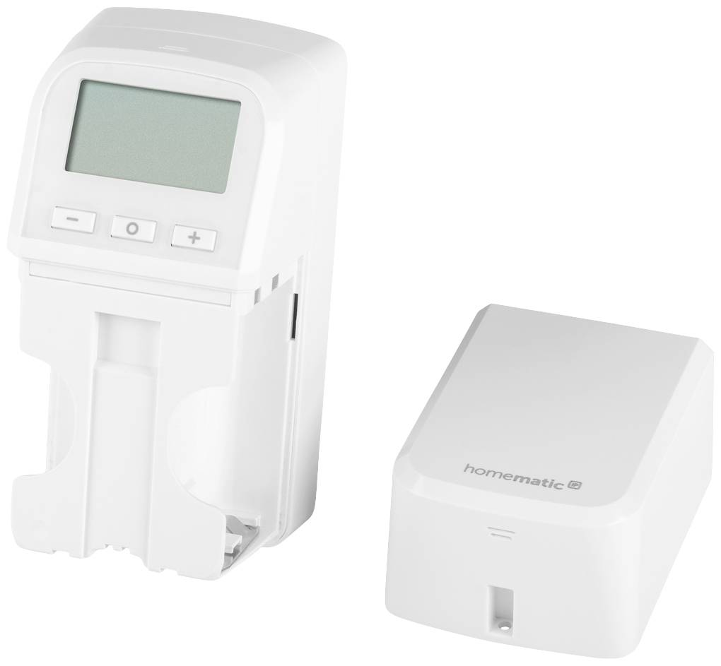 Due termostati intelligenti per radiatori: a sinistra un dispositivo con display e tasti, a destra un involucro liscio e chiuso.