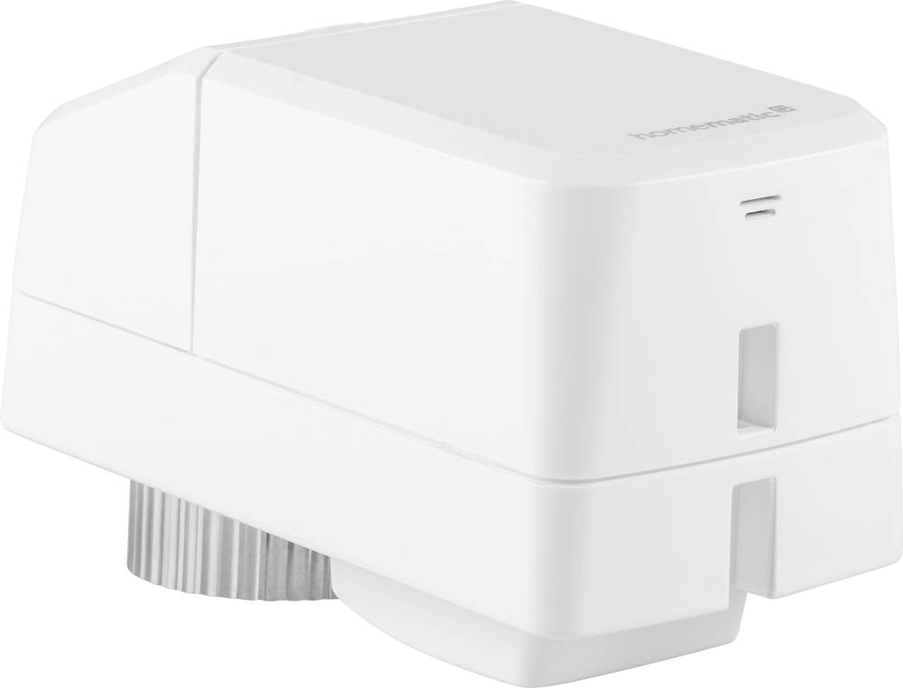 Un termostato radiatore bianco, rettangolare, con una rotella per la regolazione della temperatura. Il segno in alto a destra potrebbe indicare il marchio.