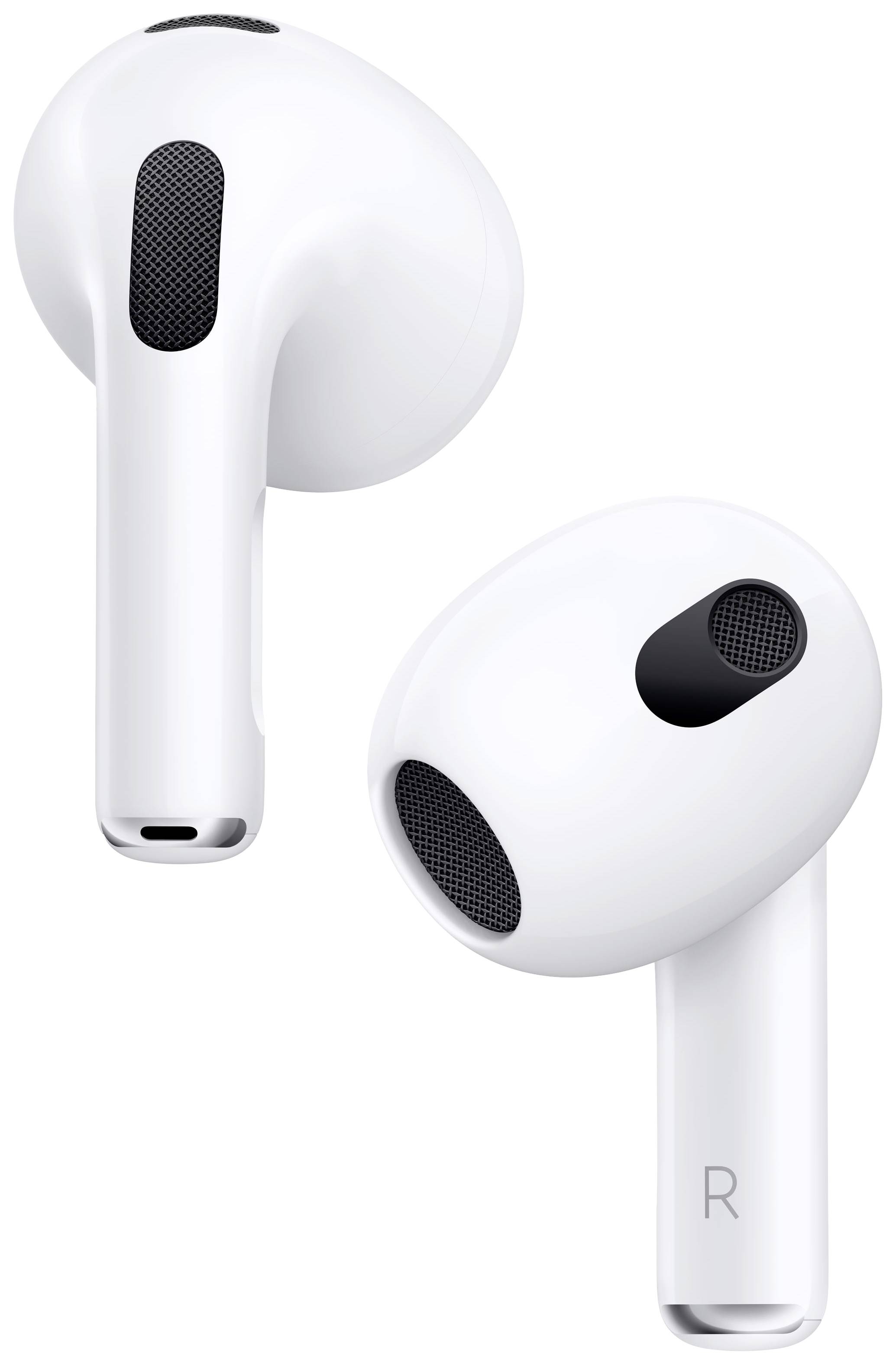 Due auricolari wireless bianchi con griglie degli altoparlanti nere, raffigurati su sfondo bianco.