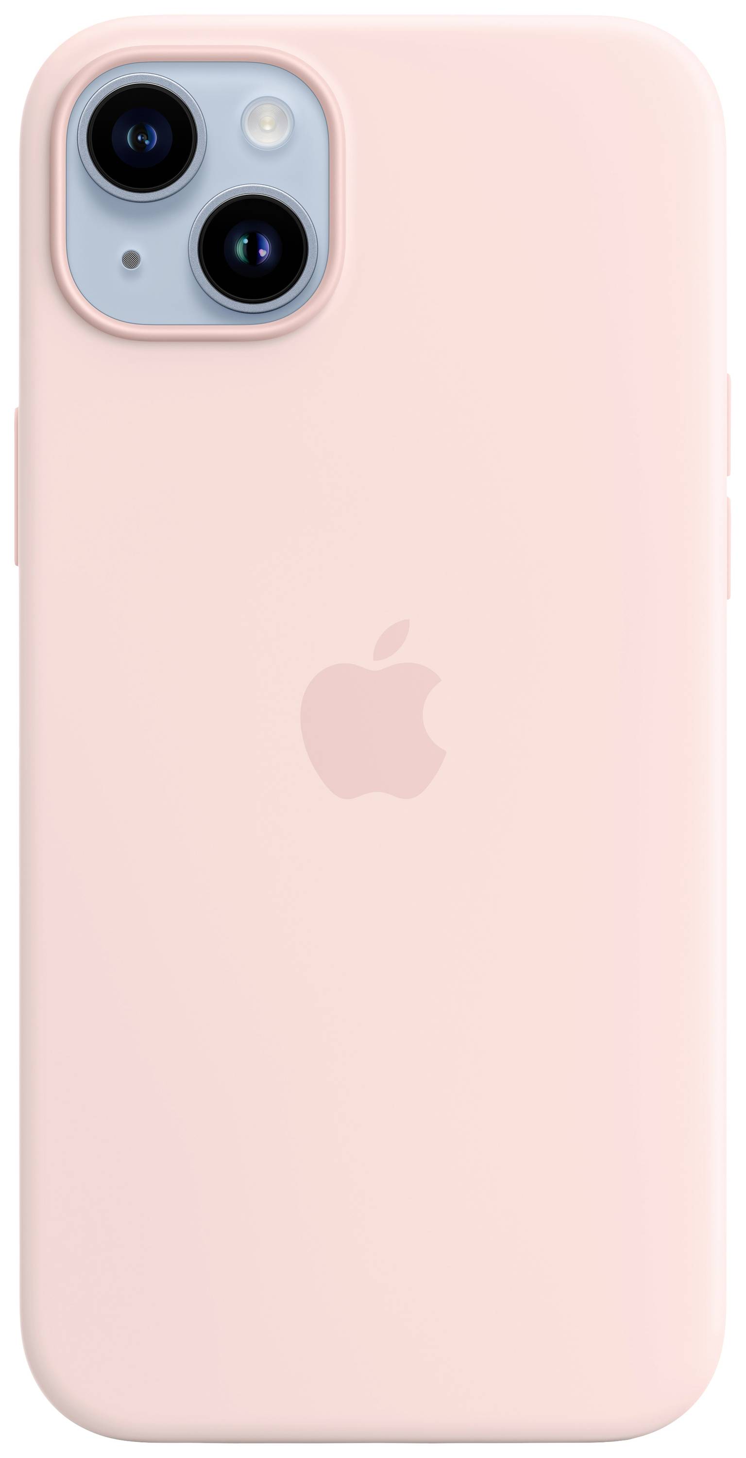 Un iPhone rosa con due obiettivi fotografici e un logo della mela sul retro.
