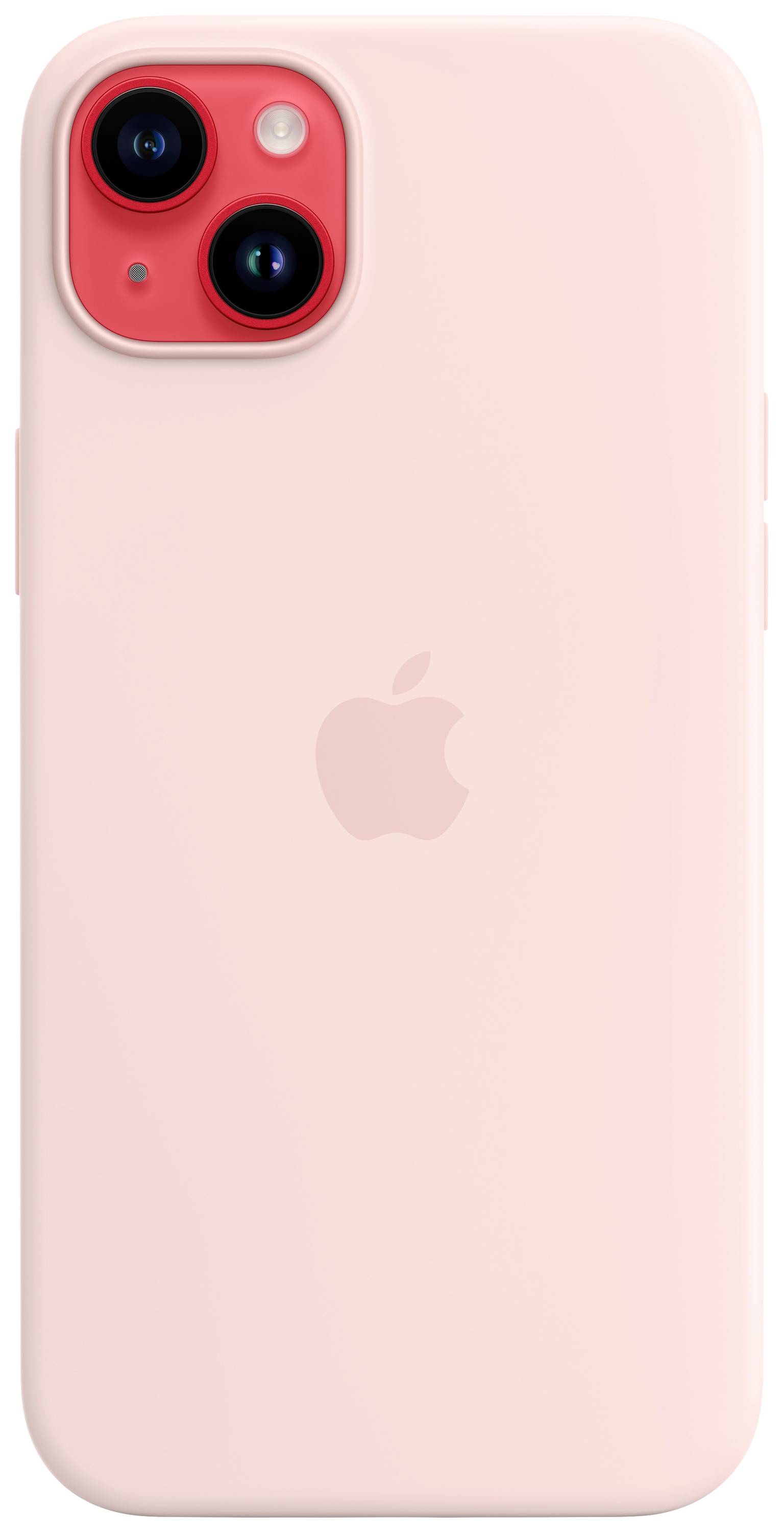 Il retro di un iPhone con custodia rosa, con due fotocamere in alto a sinistra e il logo Apple al centro.