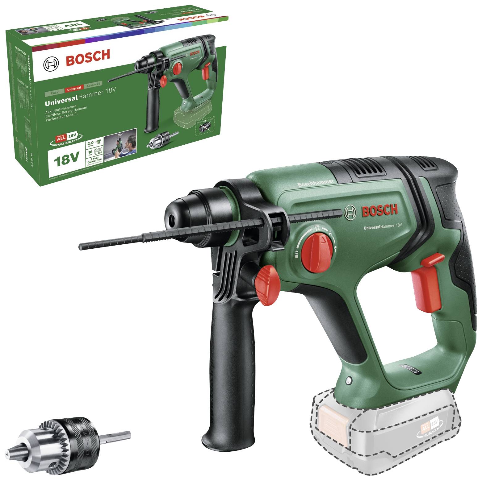 Un martello perforatore Bosch UniversalHammer 18V con la confezione sullo sfondo, raffigurato con un mandrino intercambiabile.