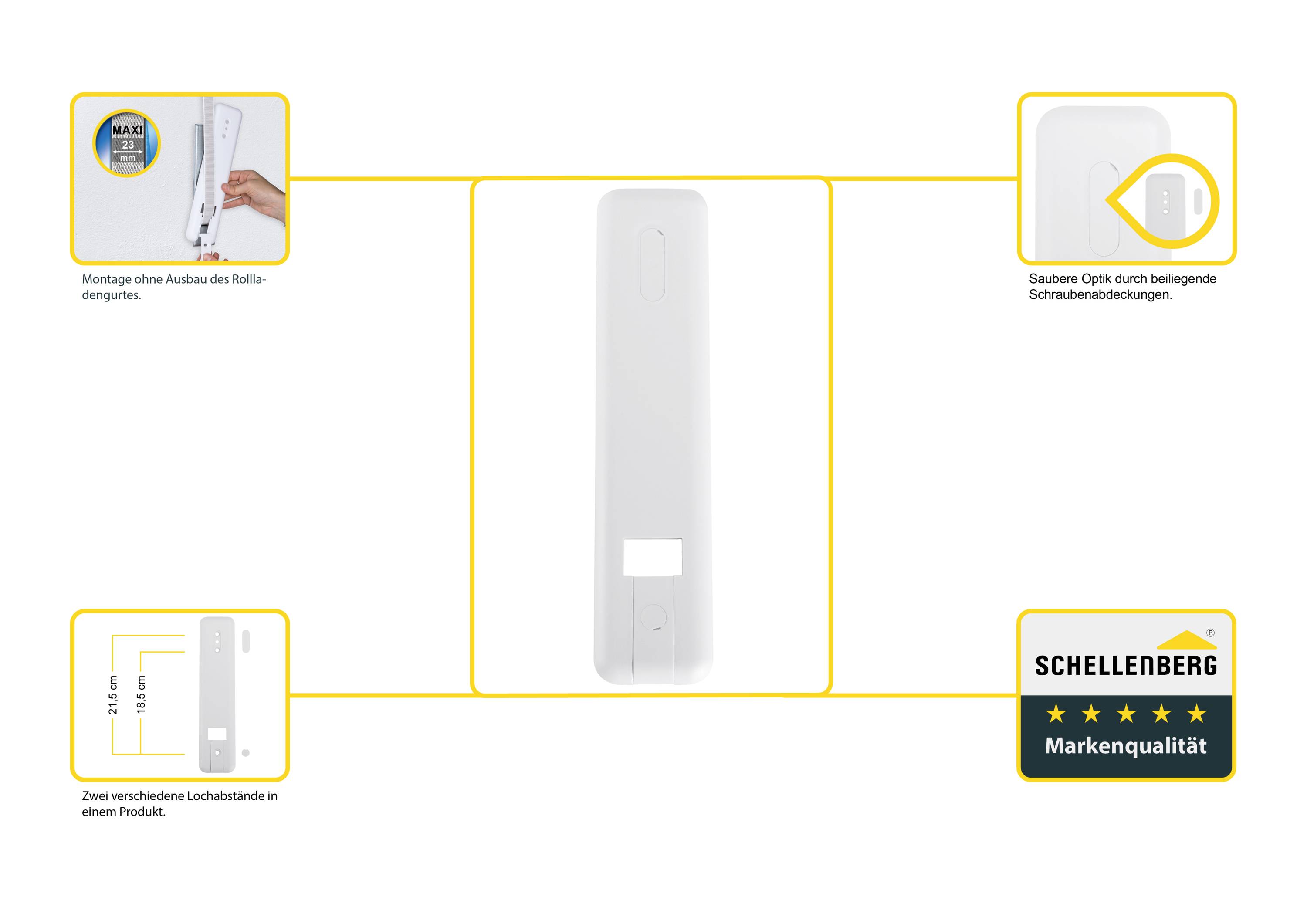 Avvolgitore elettrico in bianco, facile da installare senza smontare il cassonetto, design elegante. Due livelli di protezione solare, qualità del marchio Schellenberg.