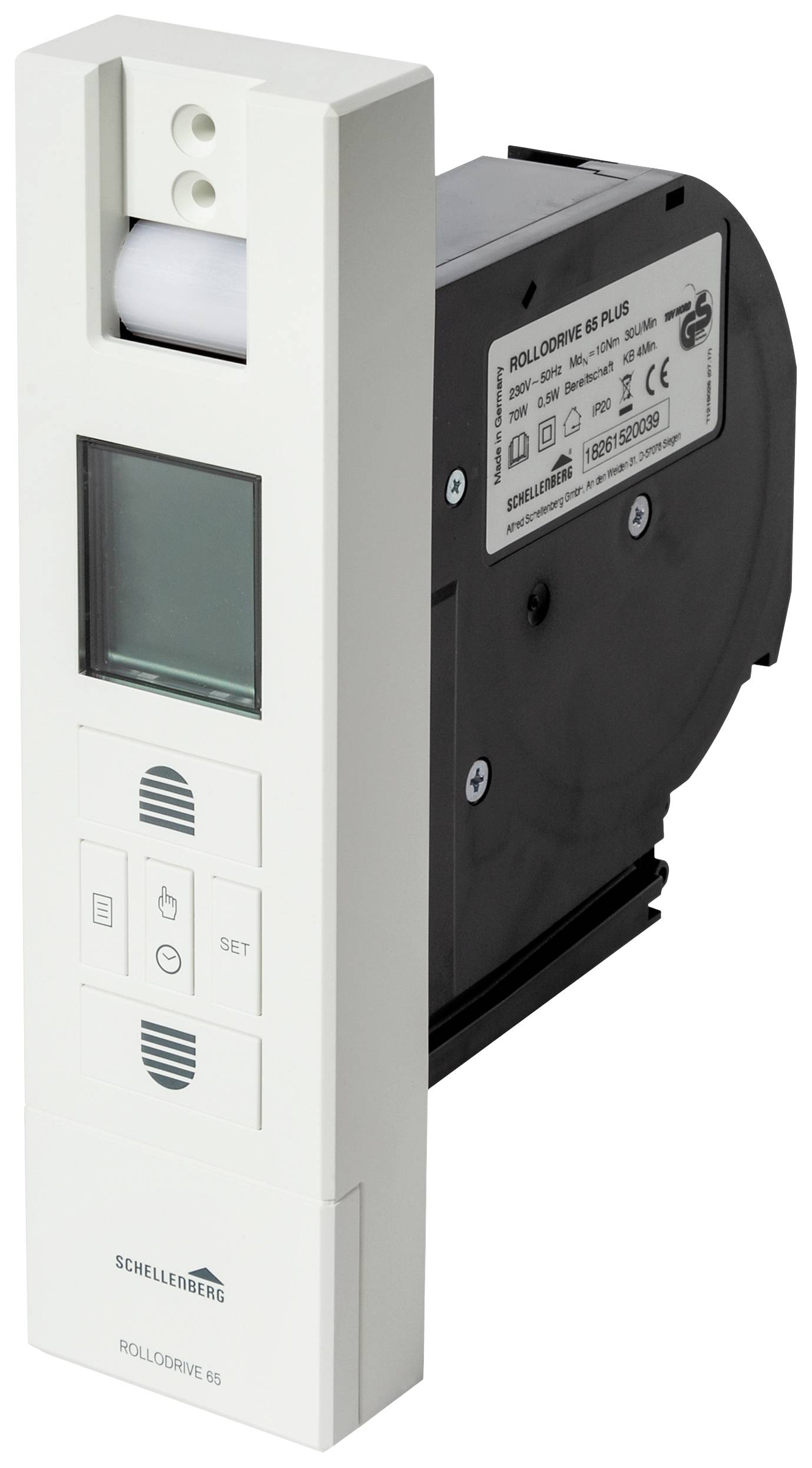 Avvolgitore automatico per il controllo di tapparelle con display e tasti di controllo sul lato frontale.