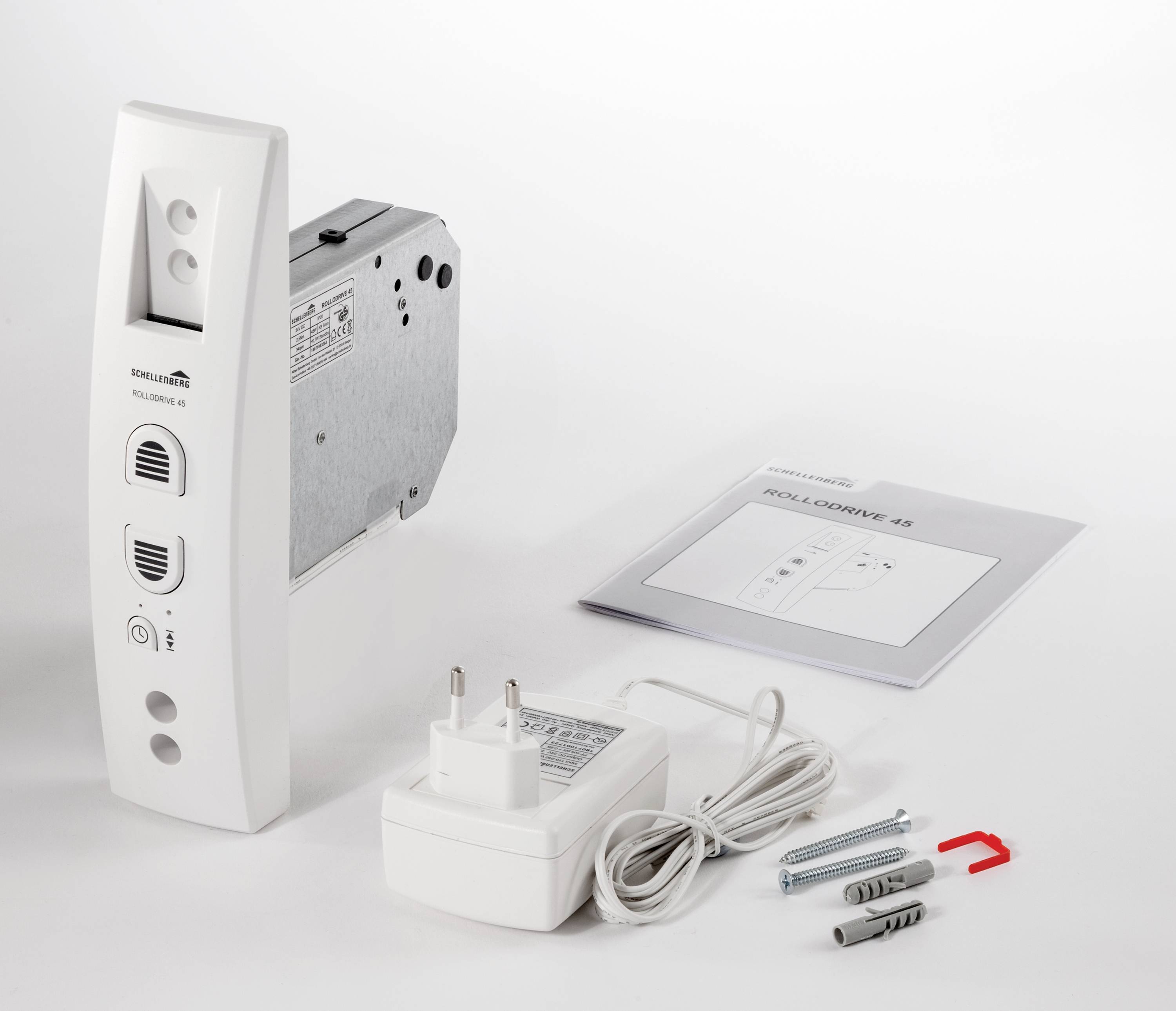 Un set di azionamento per tapparelle elettronico, composto da un motore, centralina di controllo, alimentatore, viti e istruzioni di montaggio.