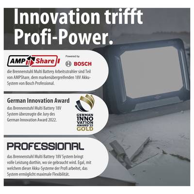 Annuncio pubblicitario per Brennenstuhl Multi Battery 18V: 'L'innovazione incontra la potenza professionale.' con AMPShare/Bosch, German Innovation Award Gold e vantaggi del sistema professionale.