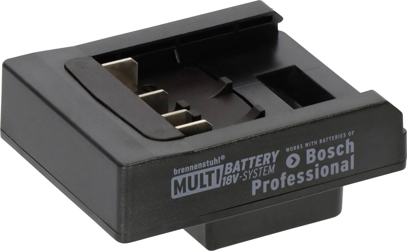 Stazione di ricarica per batteria nera etichettata con "brennenstuhl MULTI BATTERY 18V SYSTEM" e "Bosch Professional" su sfondo bianco.