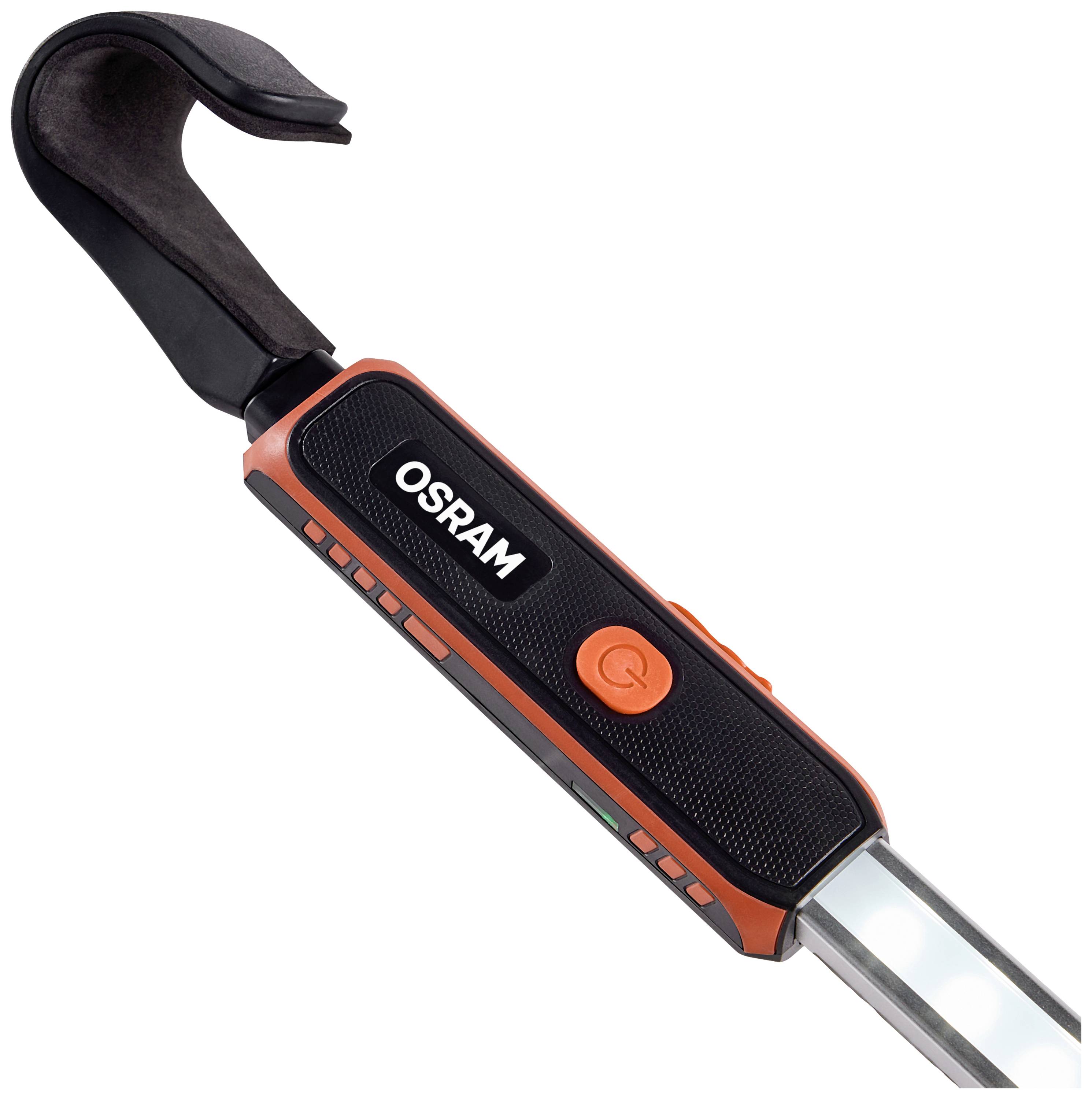 Lampada portatile OSRAM a LED con gancio di sospensione, alloggiamento nero e arancione, adatta per soluzioni di illuminazione flessibili.