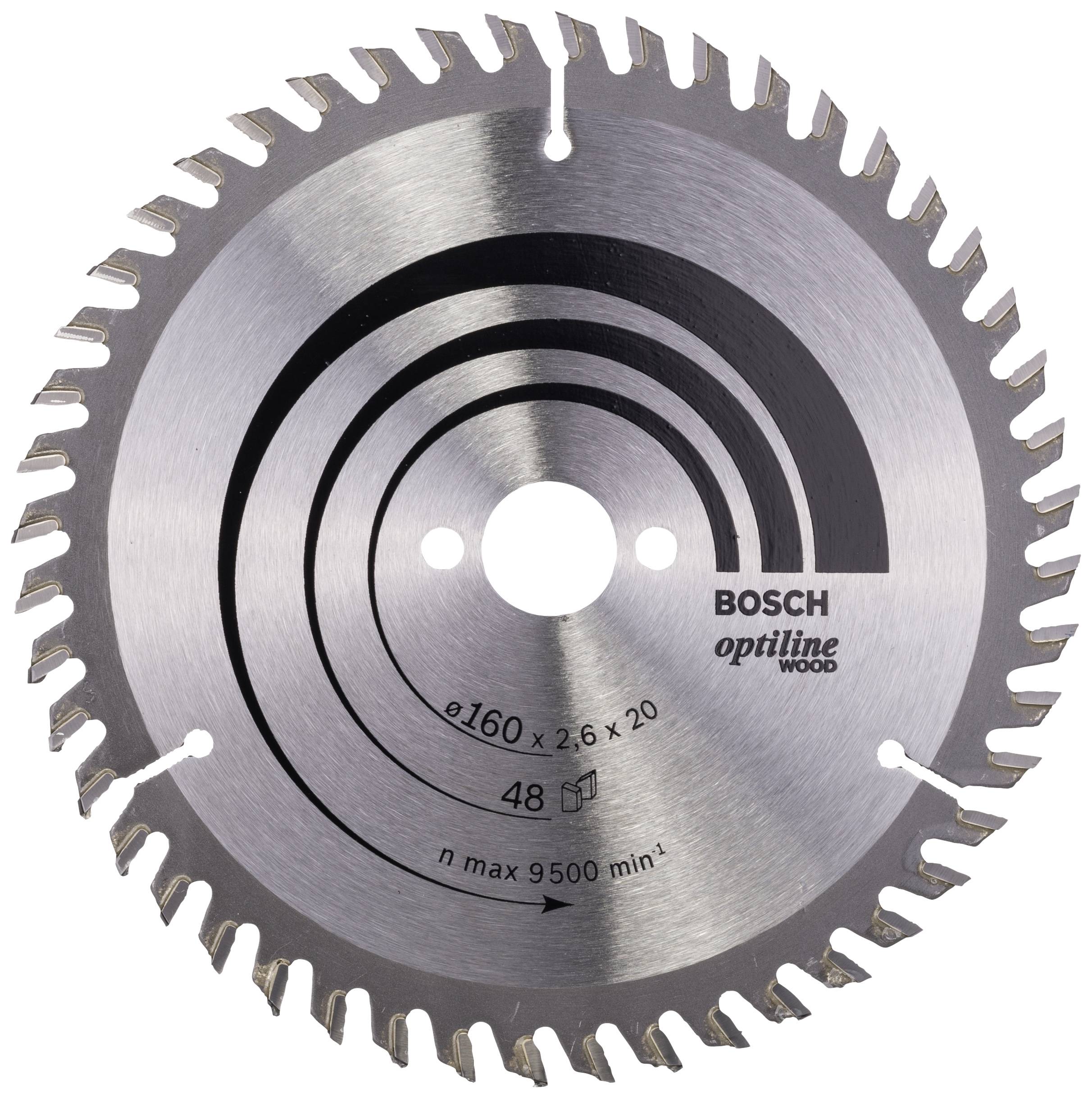 Lama per sega circolare con la scritta 'Bosch Optiline Wood', diametro 160 mm, 48 denti, velocità massima 9500 giri/min, adatta per lavori in legno.