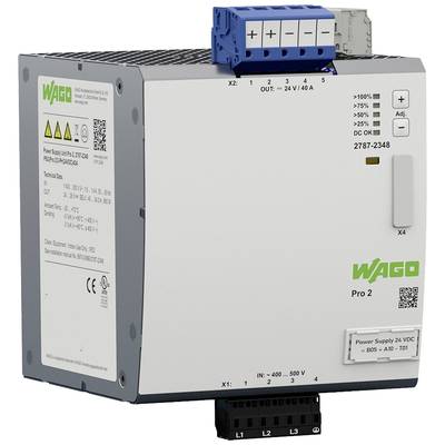 Un alimentatore switching in un involucro con più connettori e indicatori LED. Nome del marchio 'WAGO', tipo 'Pro 2'. Adatto per applicazioni industriali.