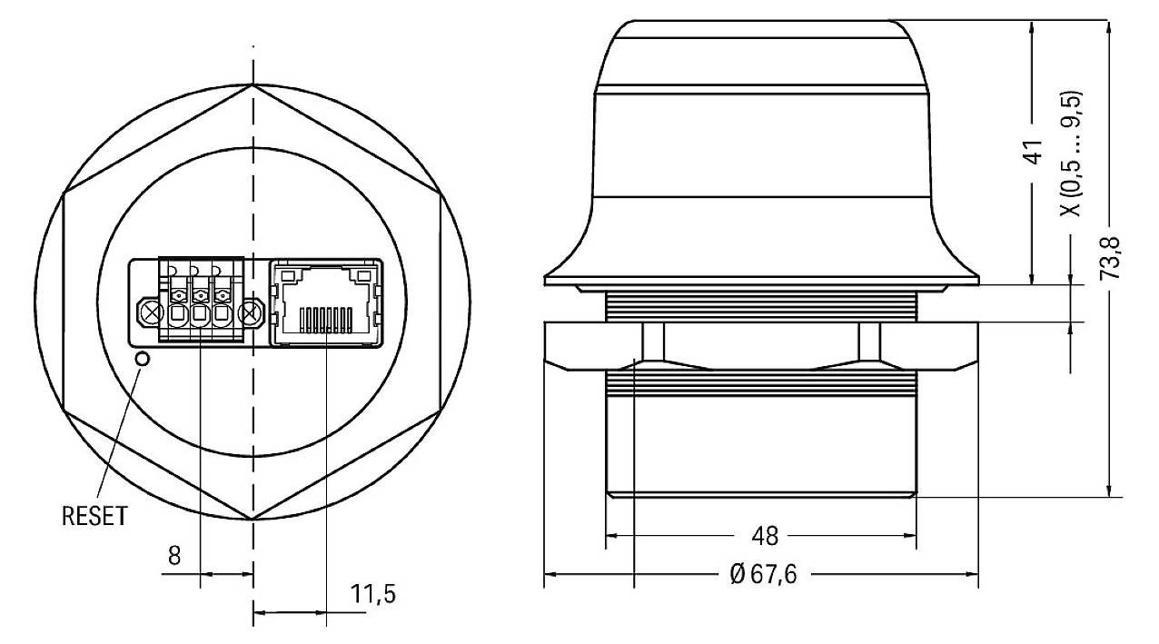 Disegno tecnico di un componente con vista laterale e vista dall'alto, comprensivo di misure in millimetri e disposizione dei pin, etichettato con 'RESET'.
