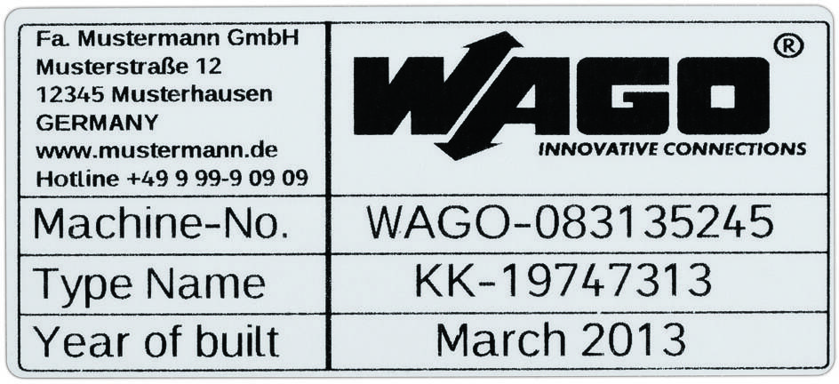 Targa della macchina con dati aziendali 'WAGO', numero macchina 'WAGO-083135245', denominazione tipo 'KK-19747313', anno di costruzione 'Marzo 2013'.