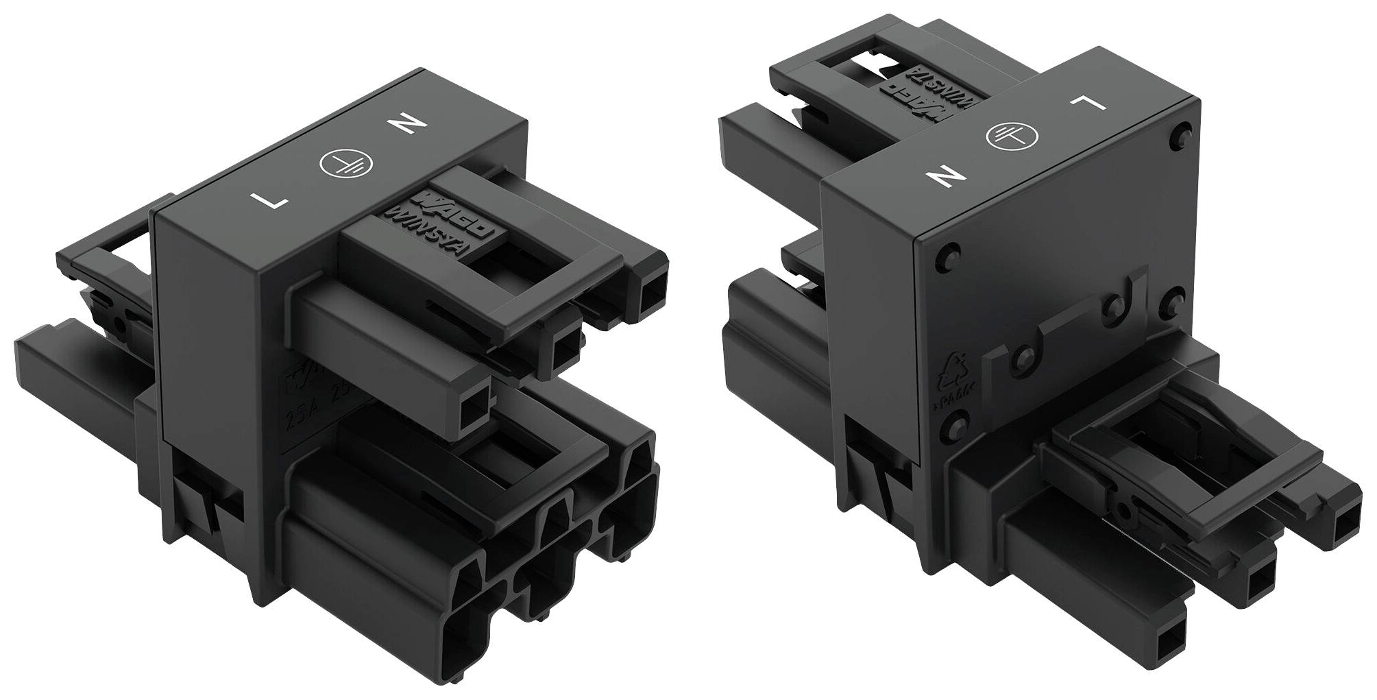 Due connettori neri con multiple porte, contrassegnati con 'N' e 'L', per connessioni elettriche in applicazioni tecniche.