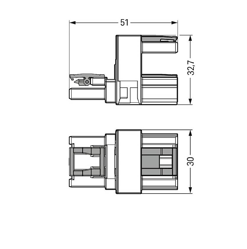 Disegno tecnico di una spina con due viste: sezione laterale con dimensioni 51 mm x 32,7 mm e vista dall'alto con larghezza di 30 mm.