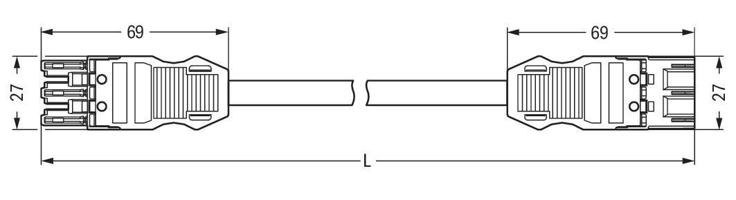 Diagramma di un collegamento elettrico con due spine, ciascuna lunga 69 mm e larga 27 mm, collegate da un cavo.