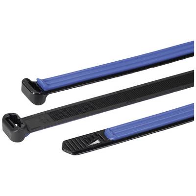 Tre fascette stringicavo, due blu e una nera, disposte in diverse posizioni. Sono adatte per raggruppare cavi.