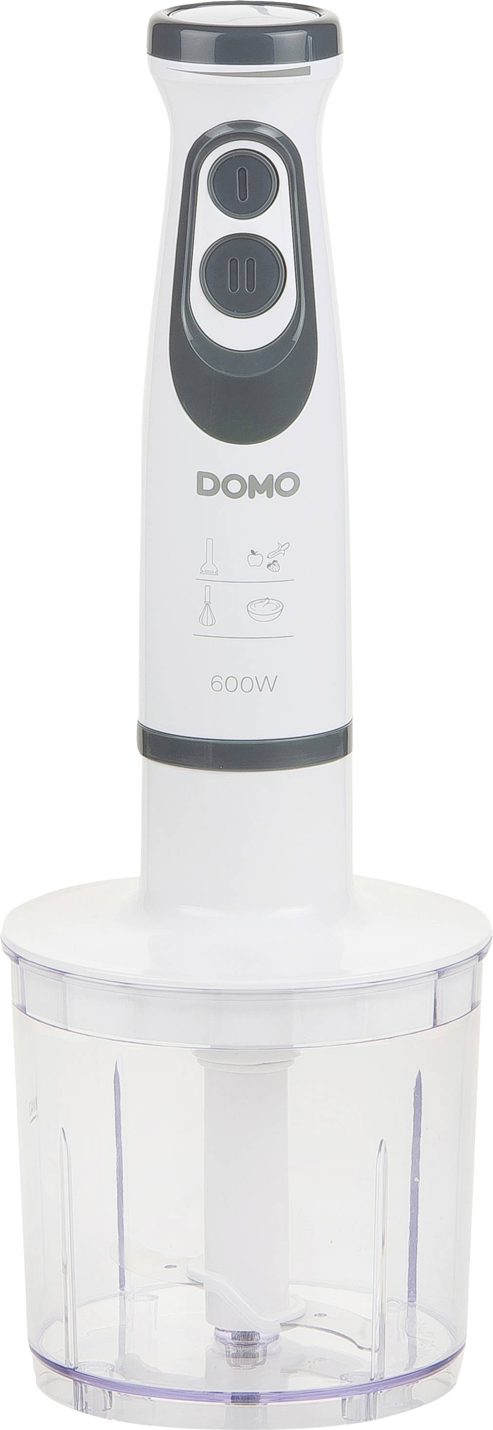 Un frullatore ad immersione bianco con due pulsanti e un contenitore trasparente in plastica. Marcatura 'DOMO 600W' sul manico. Adatto per compiti in cucina.
