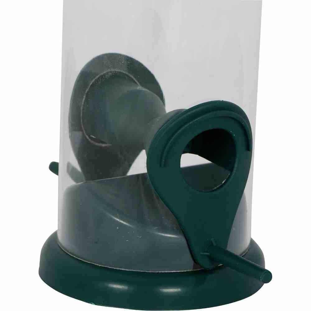 Distributore di mangime per uccelli in plastica verde con base rotonda e due rientranze per il cibo degli uccelli.