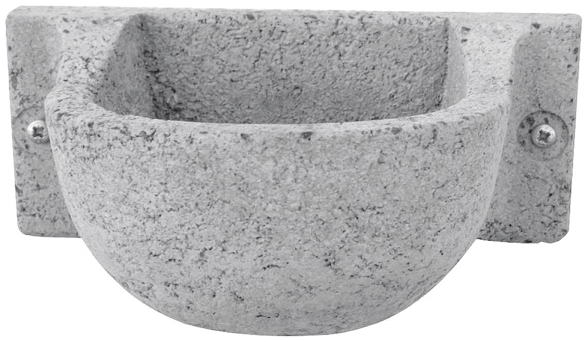 Vasca per uccelli semicircolare, color grigio pietra, montata a parete, con superficie ruvida.